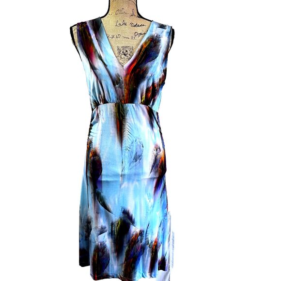 CREOLA Women A-Line Dress Sz 44/8 Multicolor Abstract Print Stretch V-Neck Italy - Picture 1 of 16